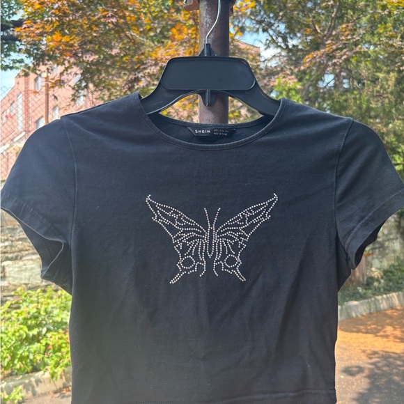 SHEIN Black Rhinestone Butterfly Crop Top - Picture 2 of 3